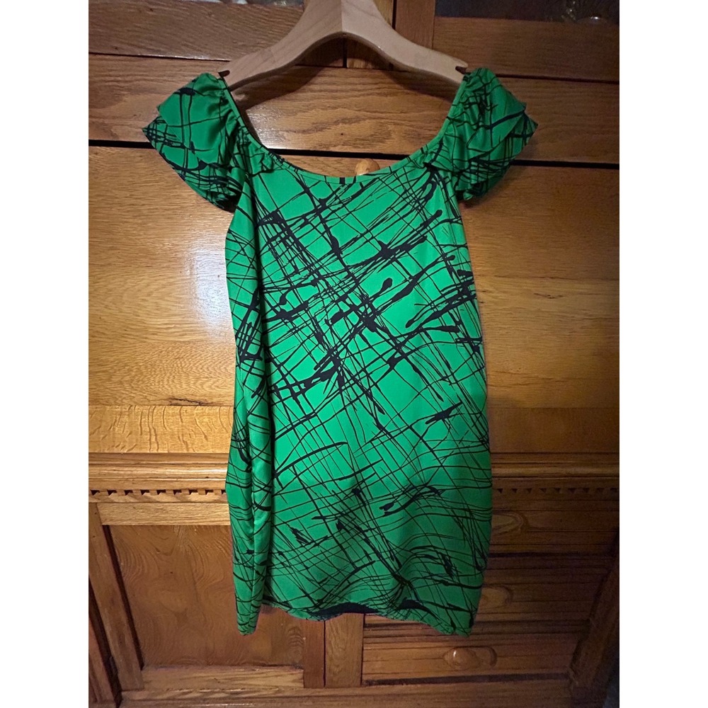 Indie Sleaze Streetwear Green Black Abstract Print 100% Silk Mini Dress Whimsy